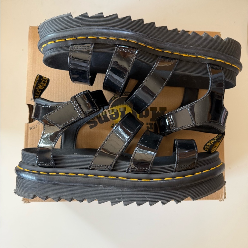 Dr. Martens Black Patent Platform Gladiator Sandals with Yellow Stitching